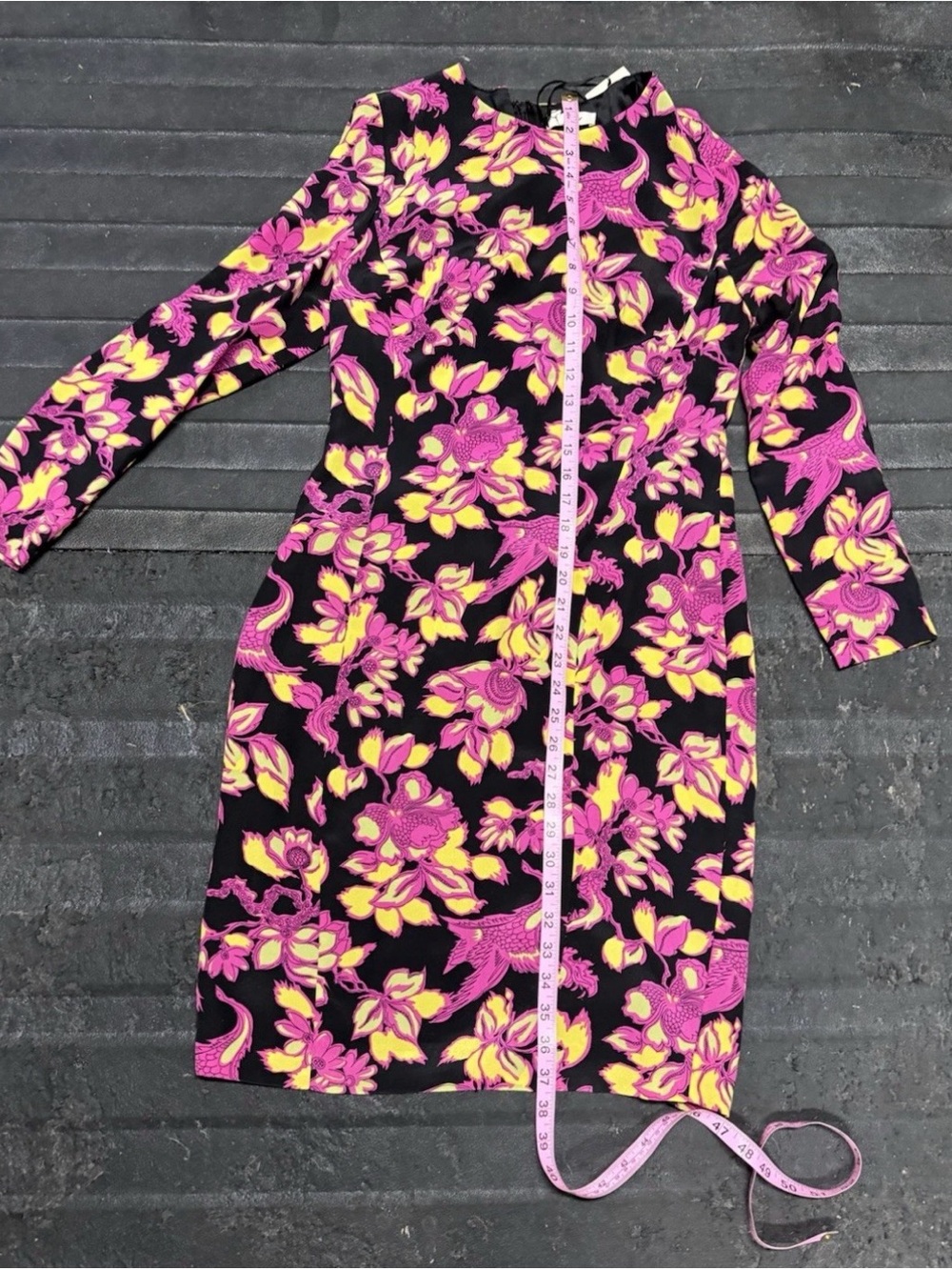 ALICE by Temperley Black Long-Sleeve Dress with Pink & Yellow Floral Motif